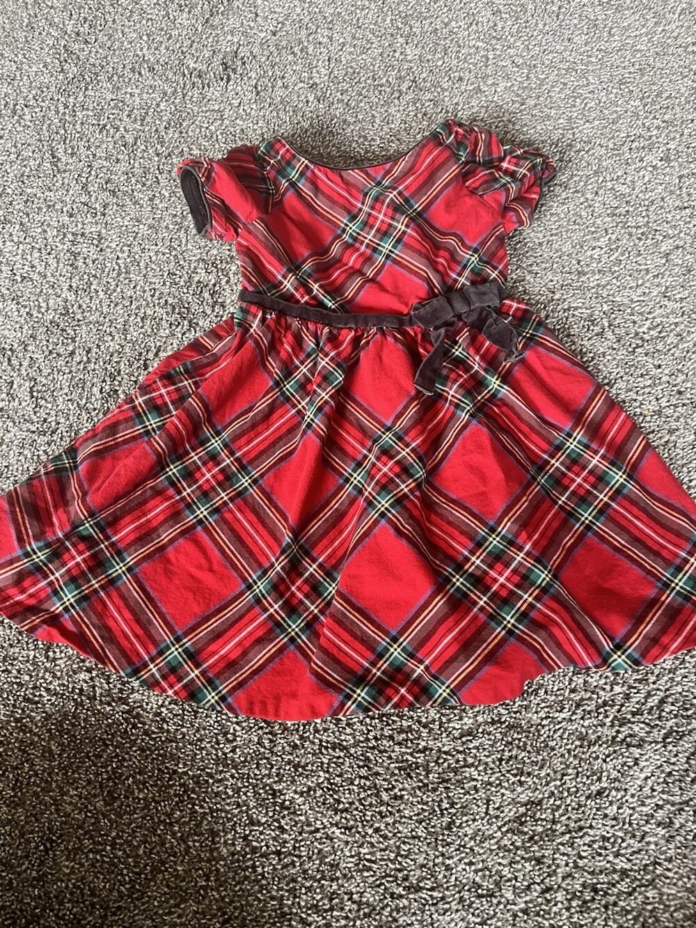 Hope & Henry Baby Girls Red Tartan Plaid Velvet Collar Holiday Dress 18-24 MO B7